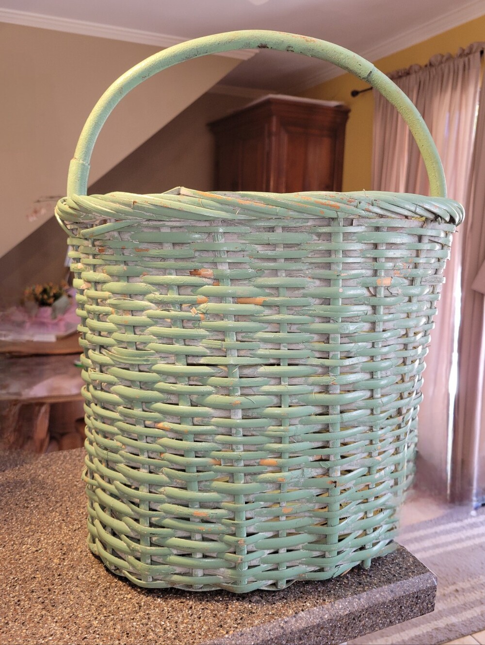 Vintage 90s Painted Wicker Basket Sage Green Farmhouse Cottagecore Decor